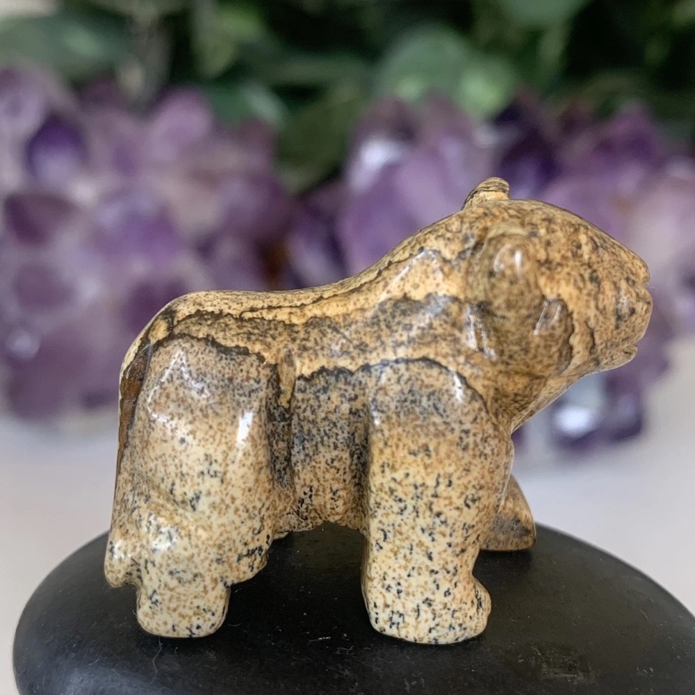 Landscape Picture Jasper Lion Figurine Carved Stone Cat Wild Animal Carving 1.7"